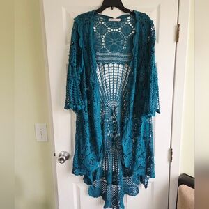 Origami by Vivian ✨️ Cotton Teal Crochet Open Front Cardigan Size L/XL